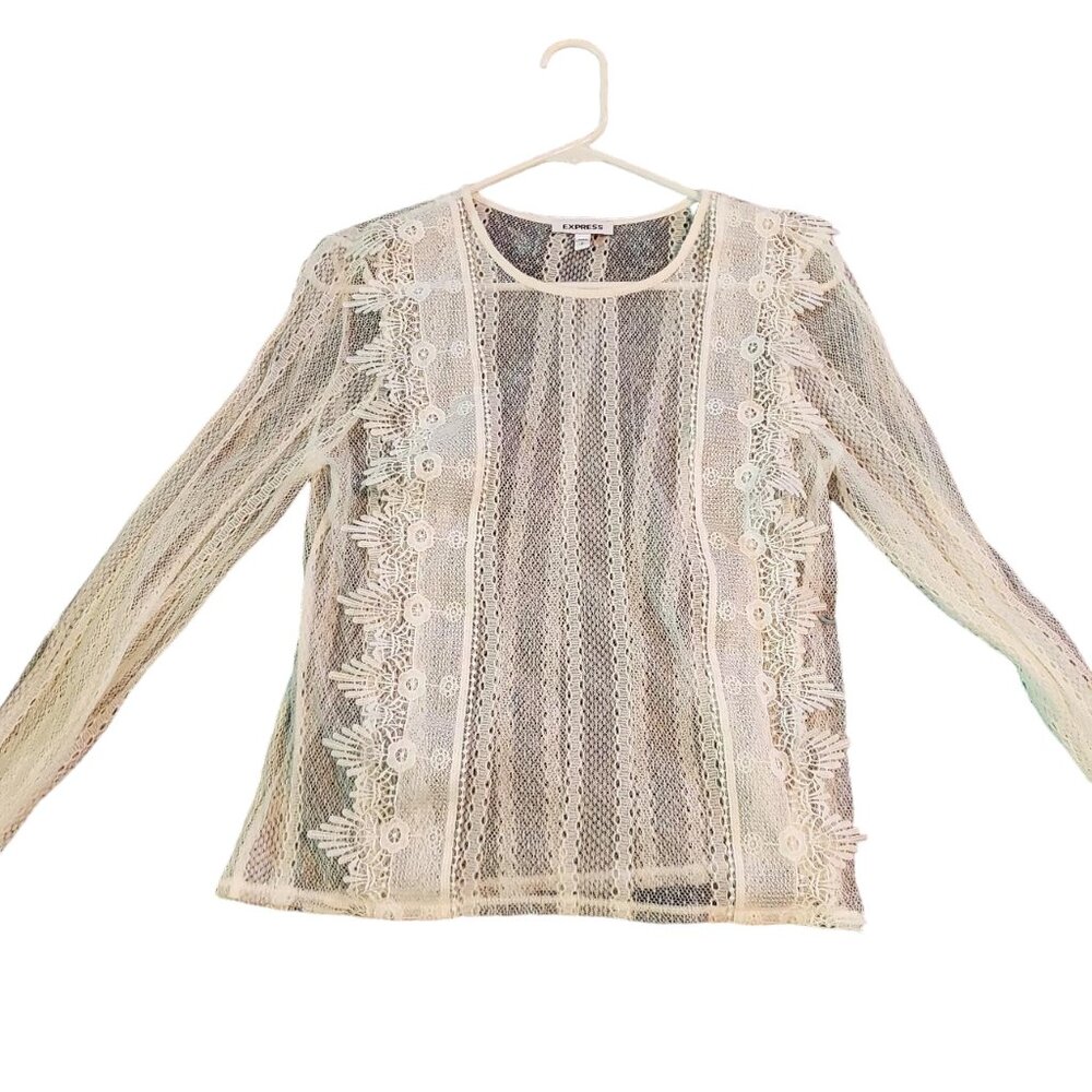 Express White Lace Sheer Long Sleeve Floral Blouse Coquette Bridal